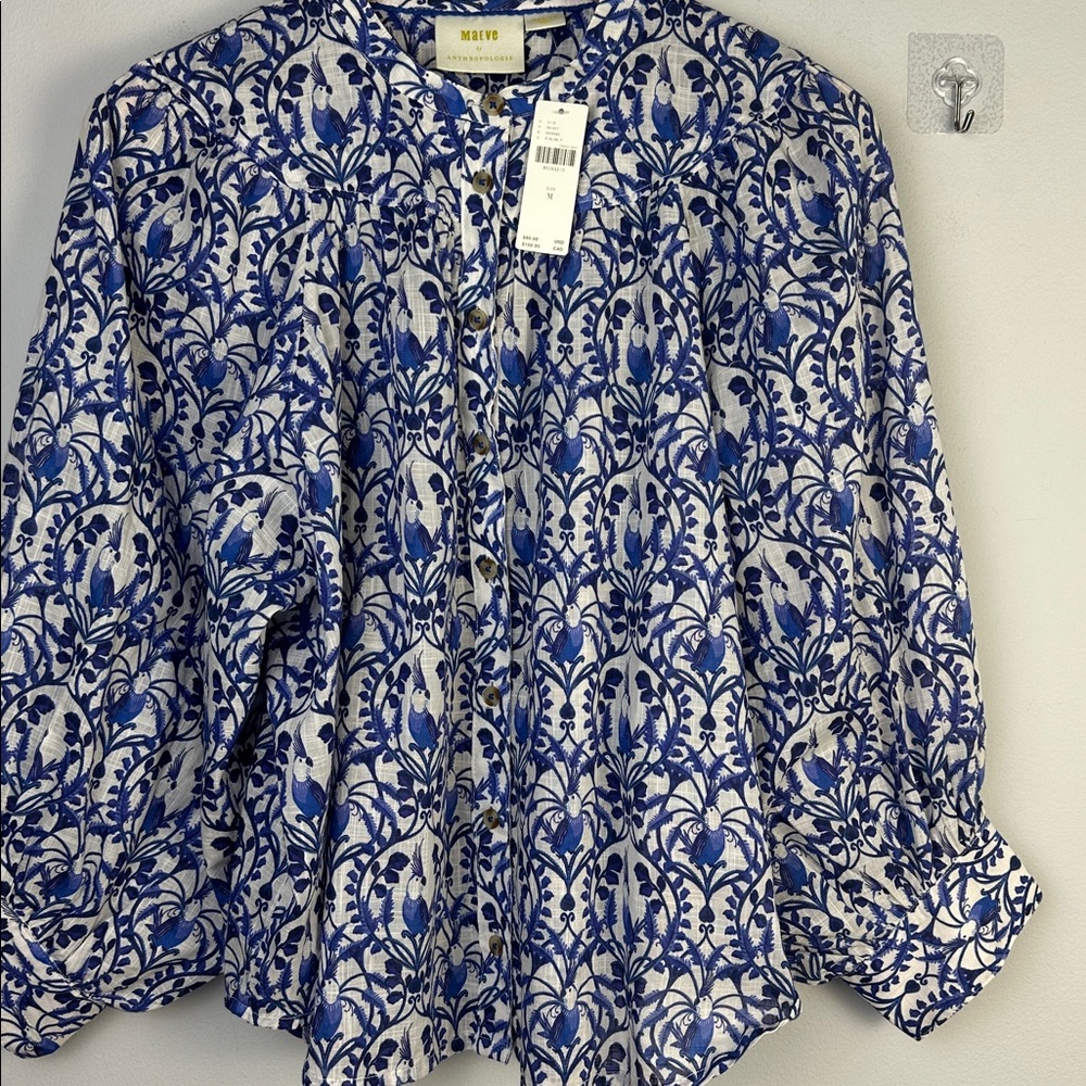 NEW Anthropologie Maeve Cockatoo Bird Blouse Button Front Shirt Balloon Sleeve M - Picture 7 of 16